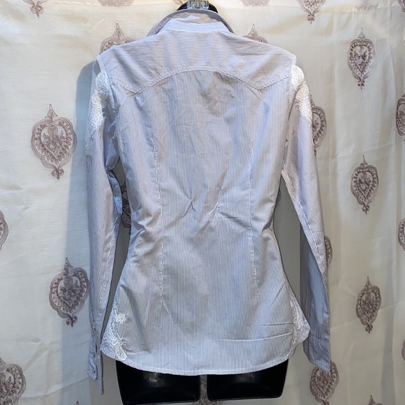 GUESS STRIPED SNAP-DOWN SHIRT MESH/LACE APPLIQUÉ SZ XS - Picture 11 of 16